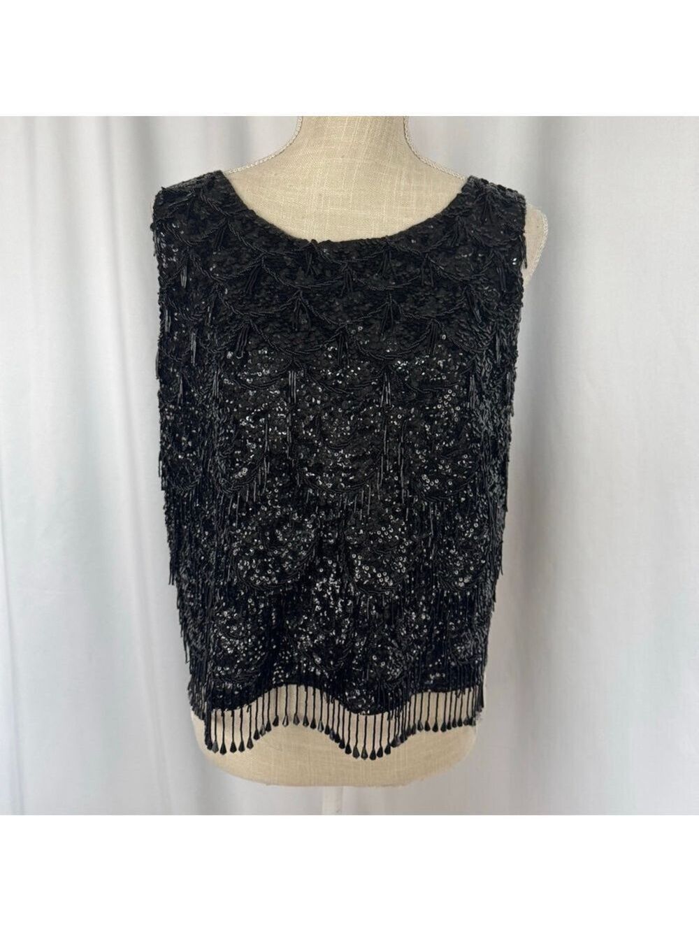 Vintage 50s 60s Beaded Top Black Sleeveless Sparkly Sequins Women's L cocktail